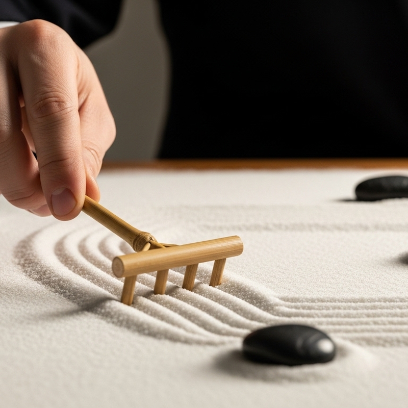 Процесс созерцания сада камней в кабинете